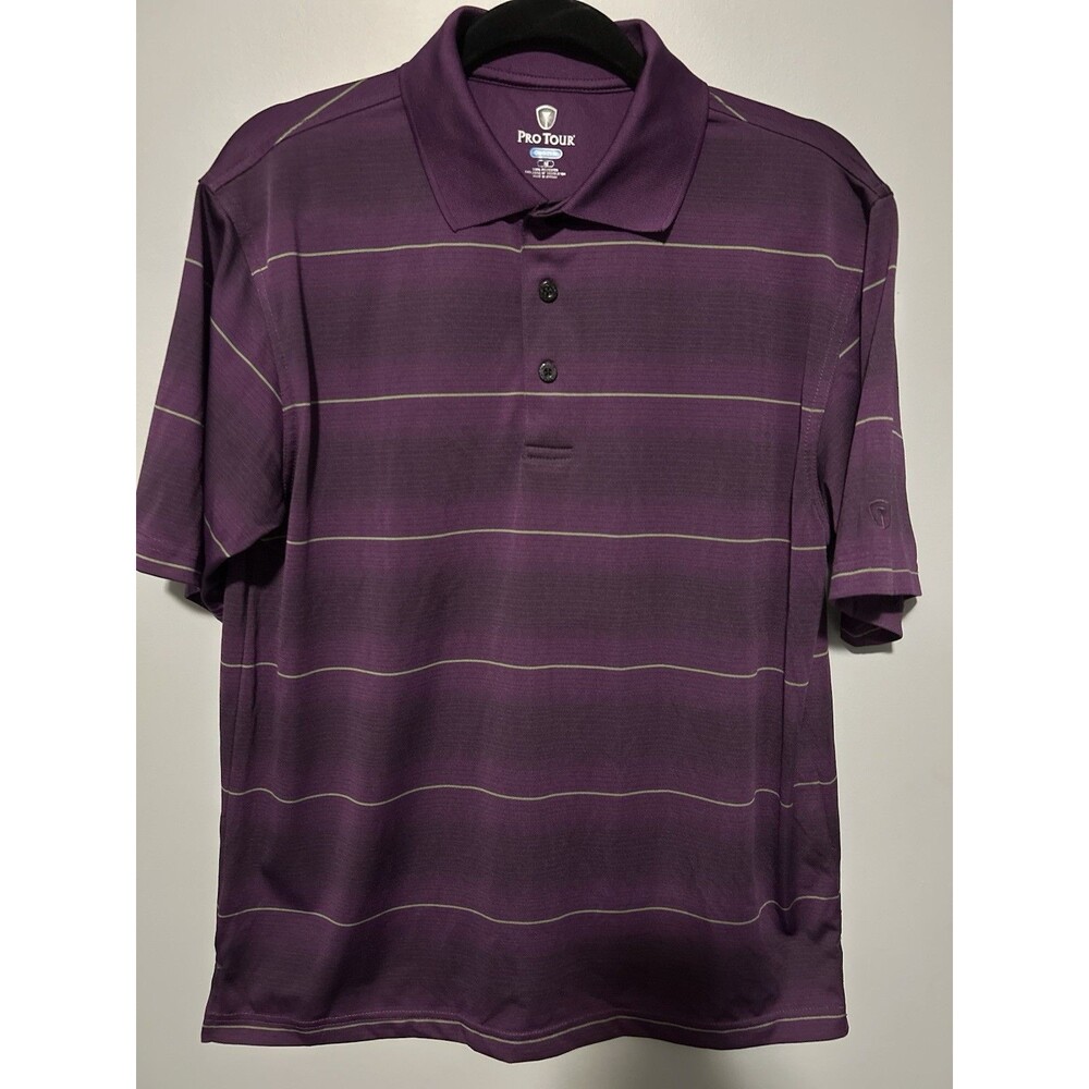 Pro Tour Mens Golf Polo Shirt Size Medium Striped Purple Collared Short Sleeve